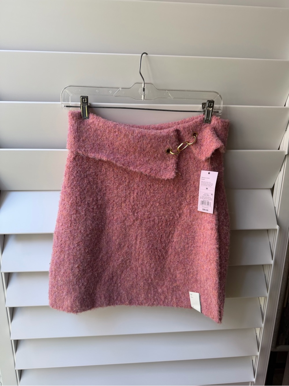 Pink Bouclé Mini Skirt with Gold Ring Detail